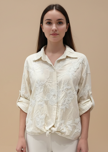 Floral Embroidery Button Front Shirt