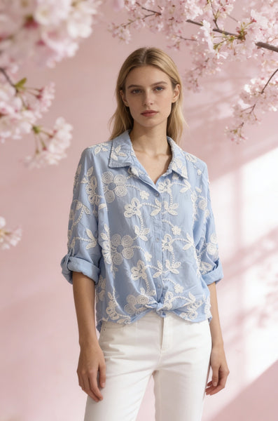 Floral Embroidery Button Front Shirt