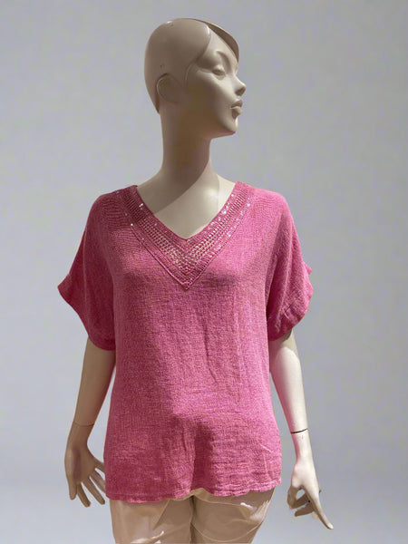 Sequin Neck Linen/Cotton Mix Top - Italian