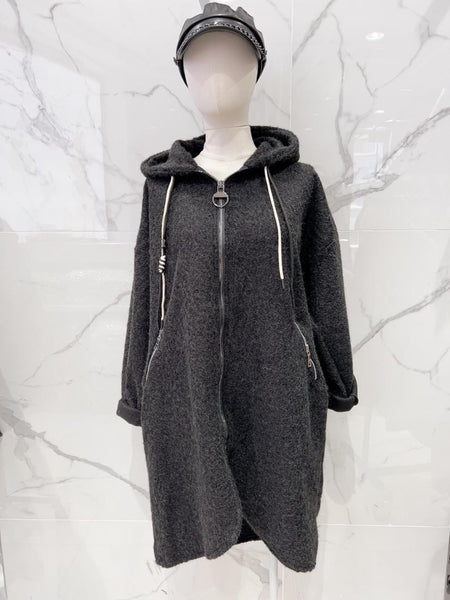 Zipper Front Coat With Hoodie