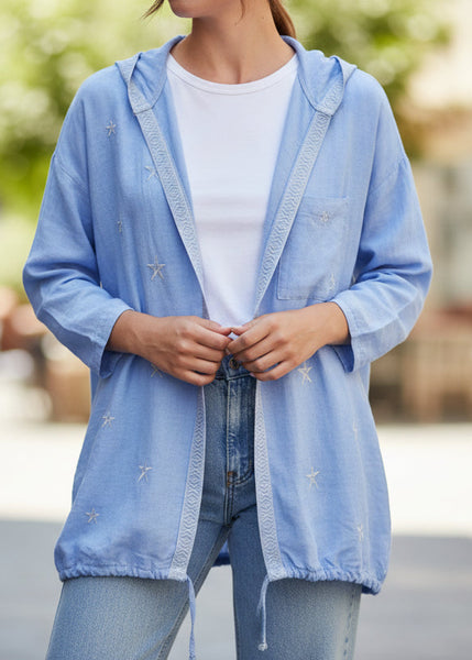 Open Front Linen Hoodie With Stars