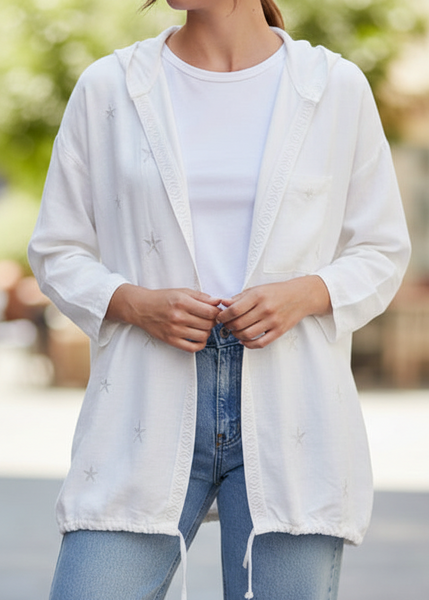 Open Front Linen Hoodie With Stars