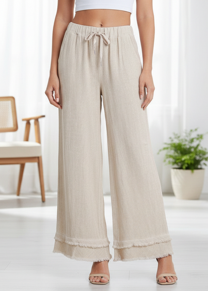 Linen/Cotton Pants With Frayed Ruffle Trim
