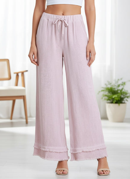 Linen/Cotton Pants With Frayed Ruffle Trim
