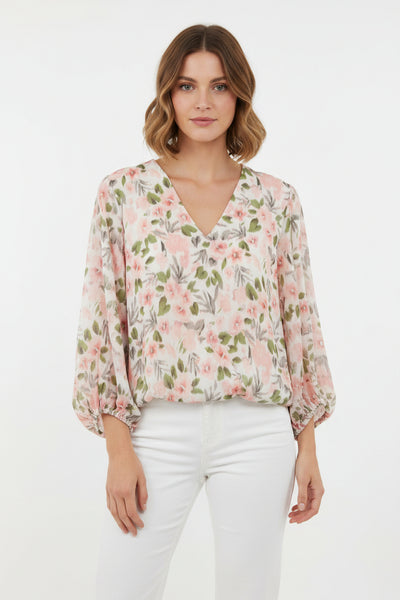 Long Sleeve V Neck Floral Print Top
