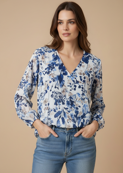 Long Sleeve V Neck Floral Print Top