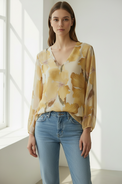 Long Sleeve V Neck Floral Print Top