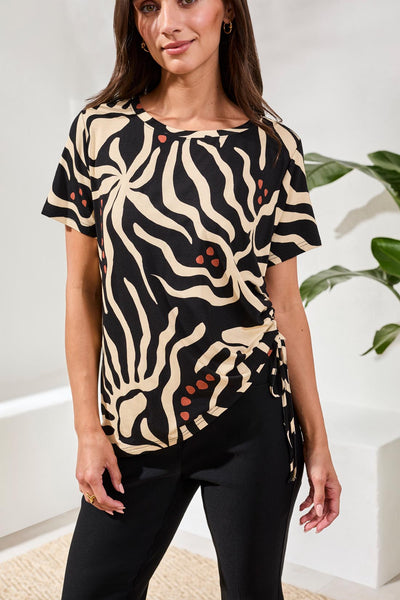 Crew Neck Print Top With Side Ruching