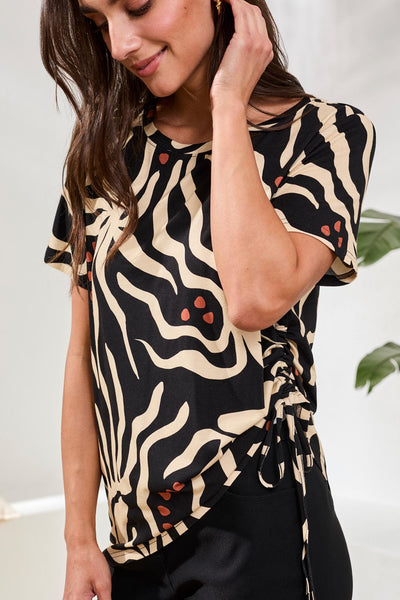 Crew Neck Print Top With Side Ruching