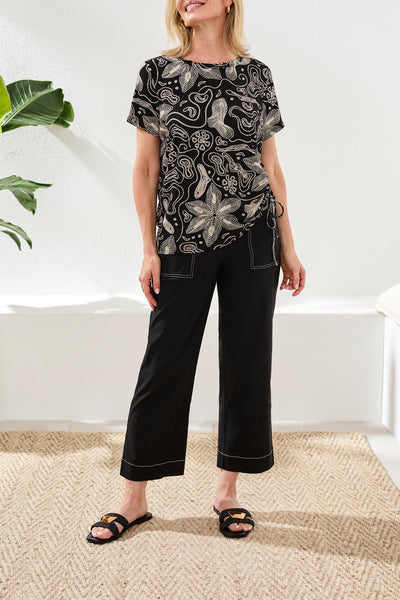 Crew Neck Print Top With Side Ruching