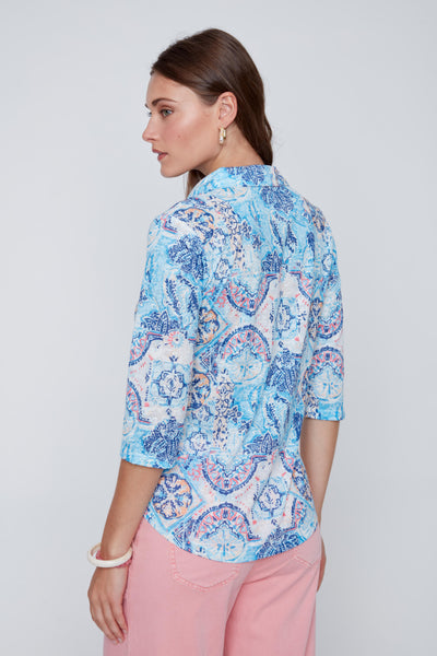 Button Front Print Blouse