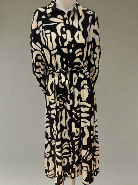 Long Sleeve Belted Print Dress