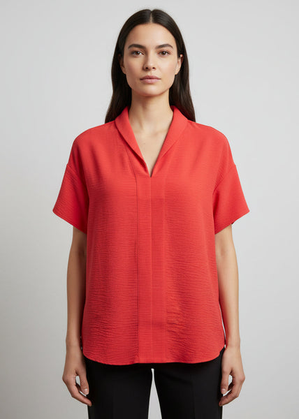 Short Sleeve V-Neck High Twist Woven Top