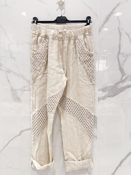 Eyelet Detail Linen Pants