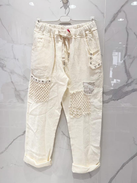 Eyelet Detail Linen Pants