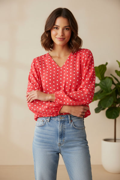 Long Sleeve V Neck Polka Dot Top