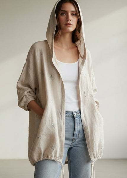 Open Front Linen Hoodie With Stars