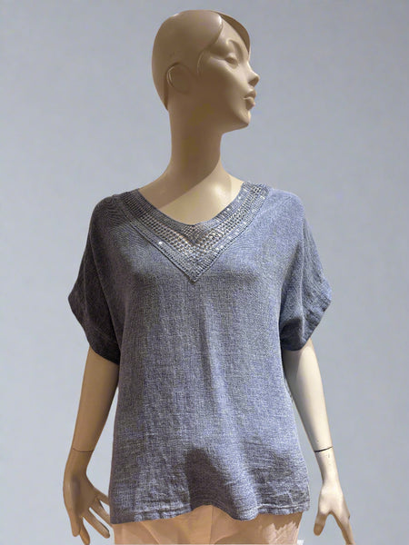 Sequin Neck Linen/Cotton Mix Top - Italian