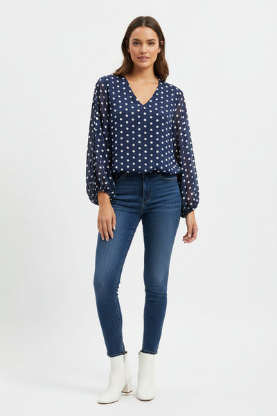 Long Sleeve V Neck Polka Dot Top