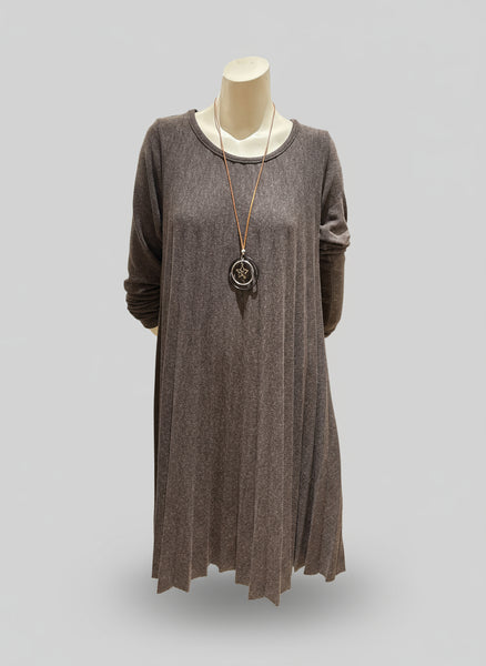 Long Sleeve Pleat Wool Mixed Dress