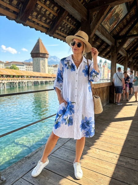 Floral Linen Button Front Dress