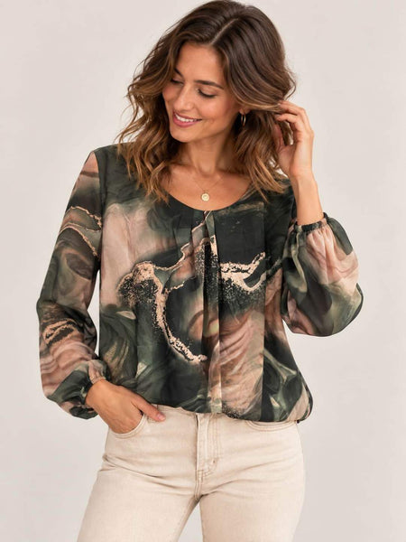 Long Sleeve Round Neck Print Top