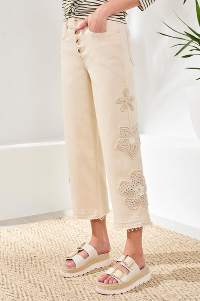 Audrey Button Fly Wide Crop Denim With Crochet Detail