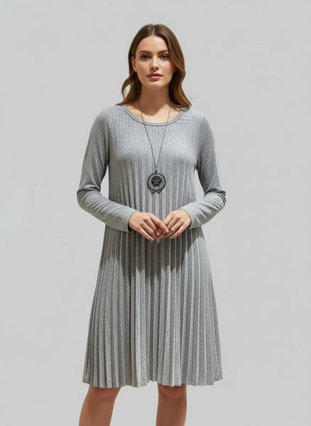 Long Sleeve Pleat Wool Mixed Dress