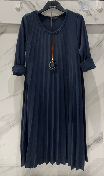 Long Sleeve Pleat Wool Mixed Dress