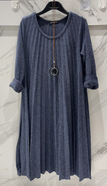 Long Sleeve Pleat Wool Mixed Dress