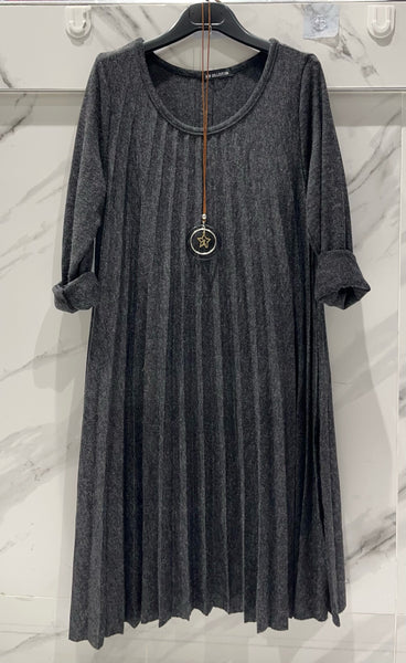 Long Sleeve Pleat Wool Mixed Dress
