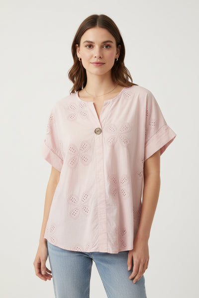 Short Sleeve Cotton Top With Embroidery