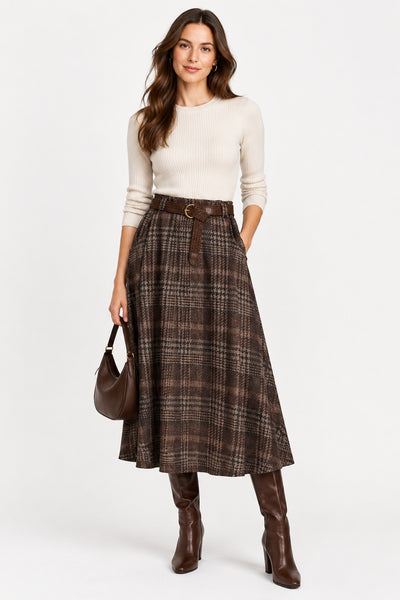 Long Belted Plaid Skirt
