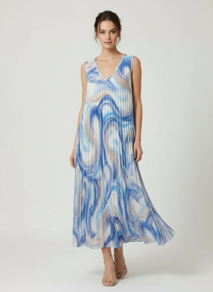 Long Sleeveless Print Pleat Dress