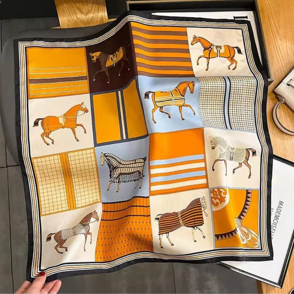 Equestrian Print Silky Bandana Square Neck Scarf
