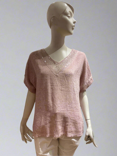 Sequin Neck Linen/Cotton Mix Top - Italian