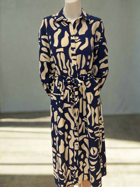 Long Sleeve Belted Print Dress