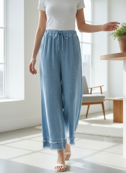 Linen/Cotton Pants With Frayed Ruffle Trim