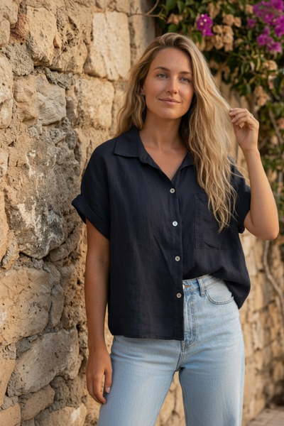 Short Sleeve Button Front Linen Shirt