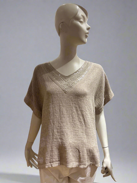 Sequin Neck Linen/Cotton Mix Top - Italian