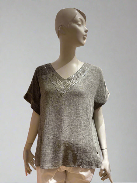 Sequin Neck Linen/Cotton Mix Top - Italian