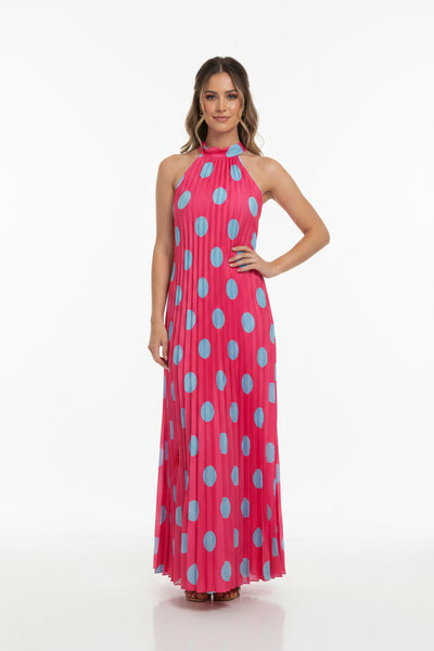 Long Pleat Polka Dot Dress