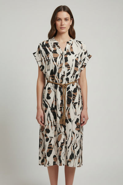 Short Sleeve Belted Print Dress