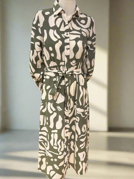 Long Sleeve Belted Print Dress