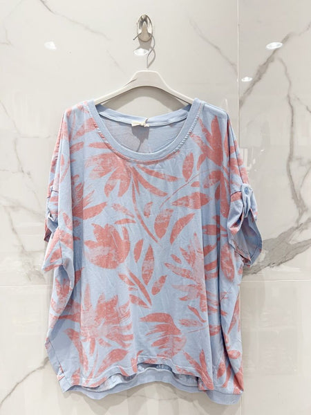 Short Sleeve Leaf Print Cotton Top