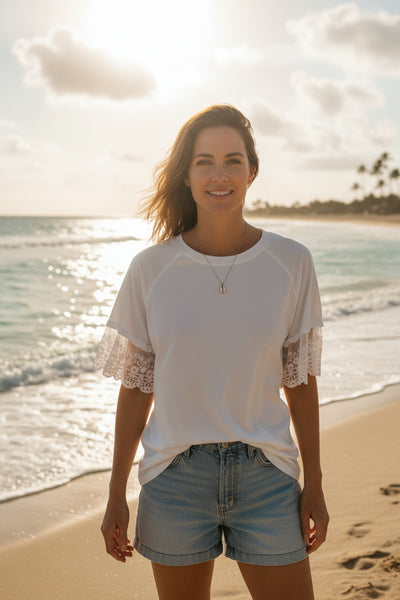 Lace Sleeve Cotton T-Shirt