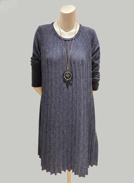 Long Sleeve Pleat Wool Mixed Dress