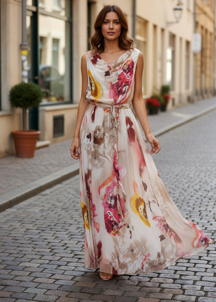Sleeveless Belted Print Silk Dress - Italian
