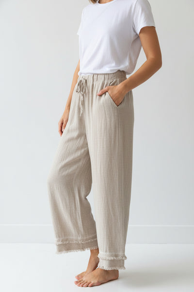 Linen/Cotton Pants With Frayed Ruffle Trim