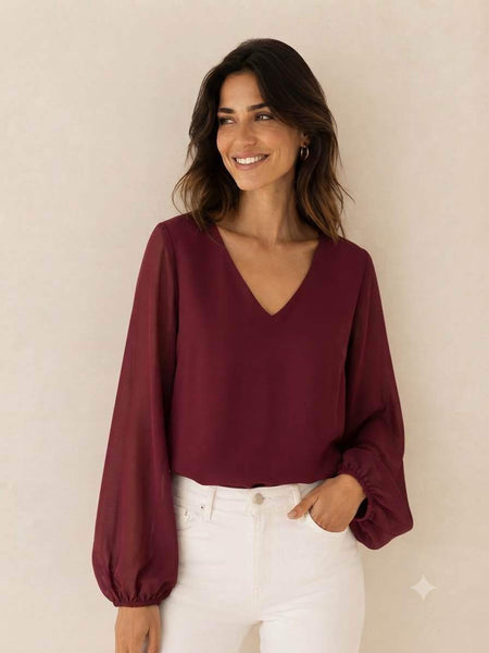 Long Sleeve V Neck Solid Top